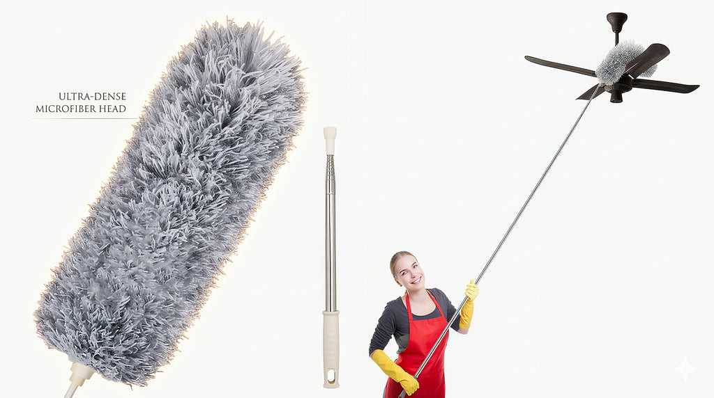 100-Inch Extendable Microfiber Duster, 360° Bendable Fan Cleaner Brush with Stainless Steel Pole for Roof, Wall, Car & Home Cleaning
