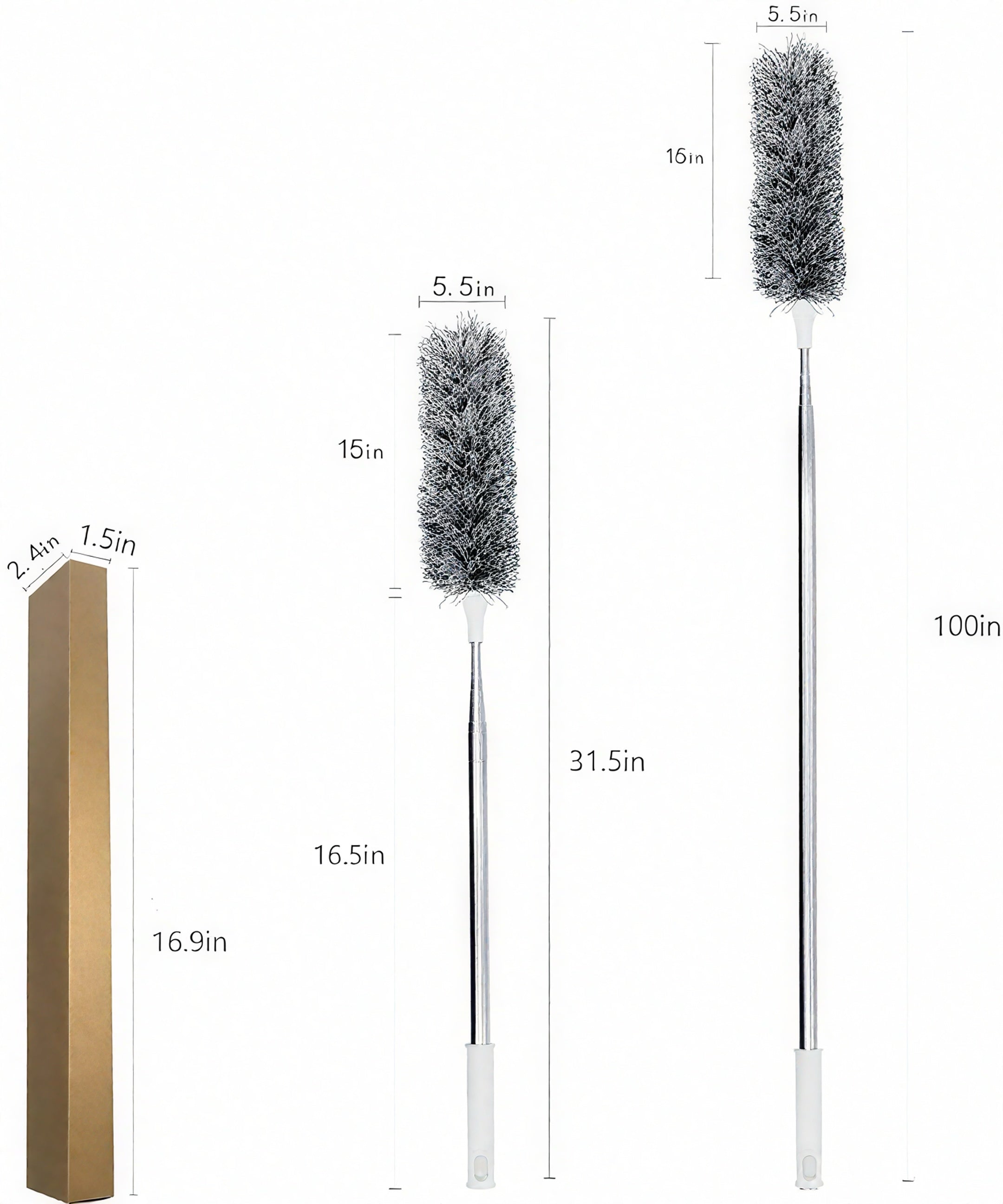 100-Inch Extendable Microfiber Duster, 360° Bendable Fan Cleaner Brush with Stainless Steel Pole for Roof, Wall, Car & Home Cleaning