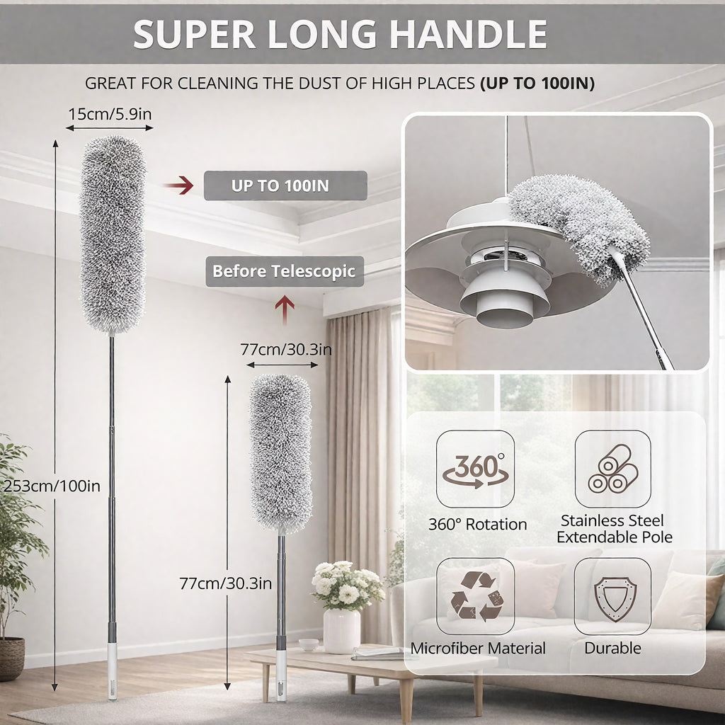100-Inch Extendable Microfiber Duster, 360° Bendable Fan Cleaner Brush with Stainless Steel Pole for Roof, Wall, Car & Home Cleaning