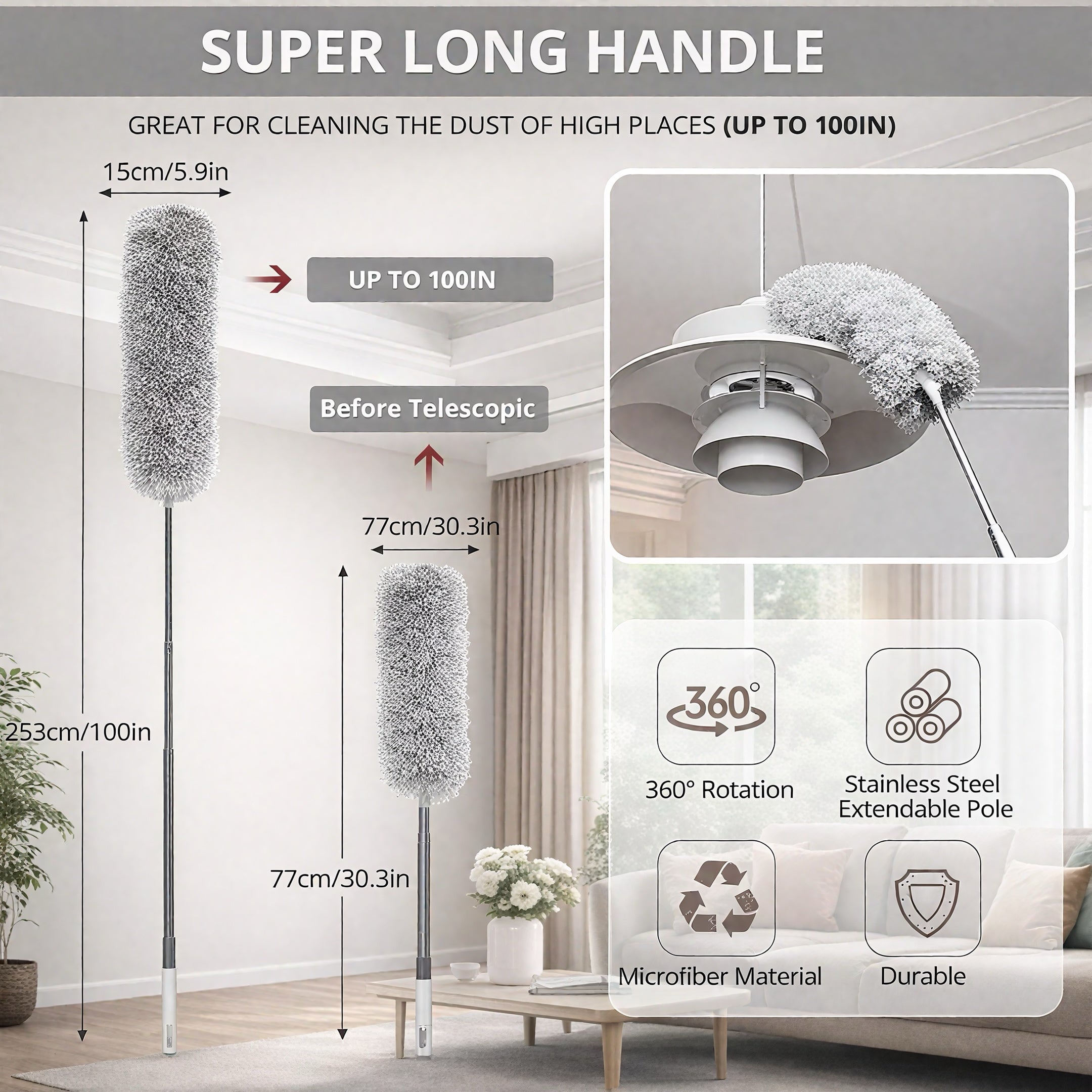 100-Inch Extendable Microfiber Duster, 360° Bendable Fan Cleaner Brush with Stainless Steel Pole for Roof, Wall, Car & Home Cleaning