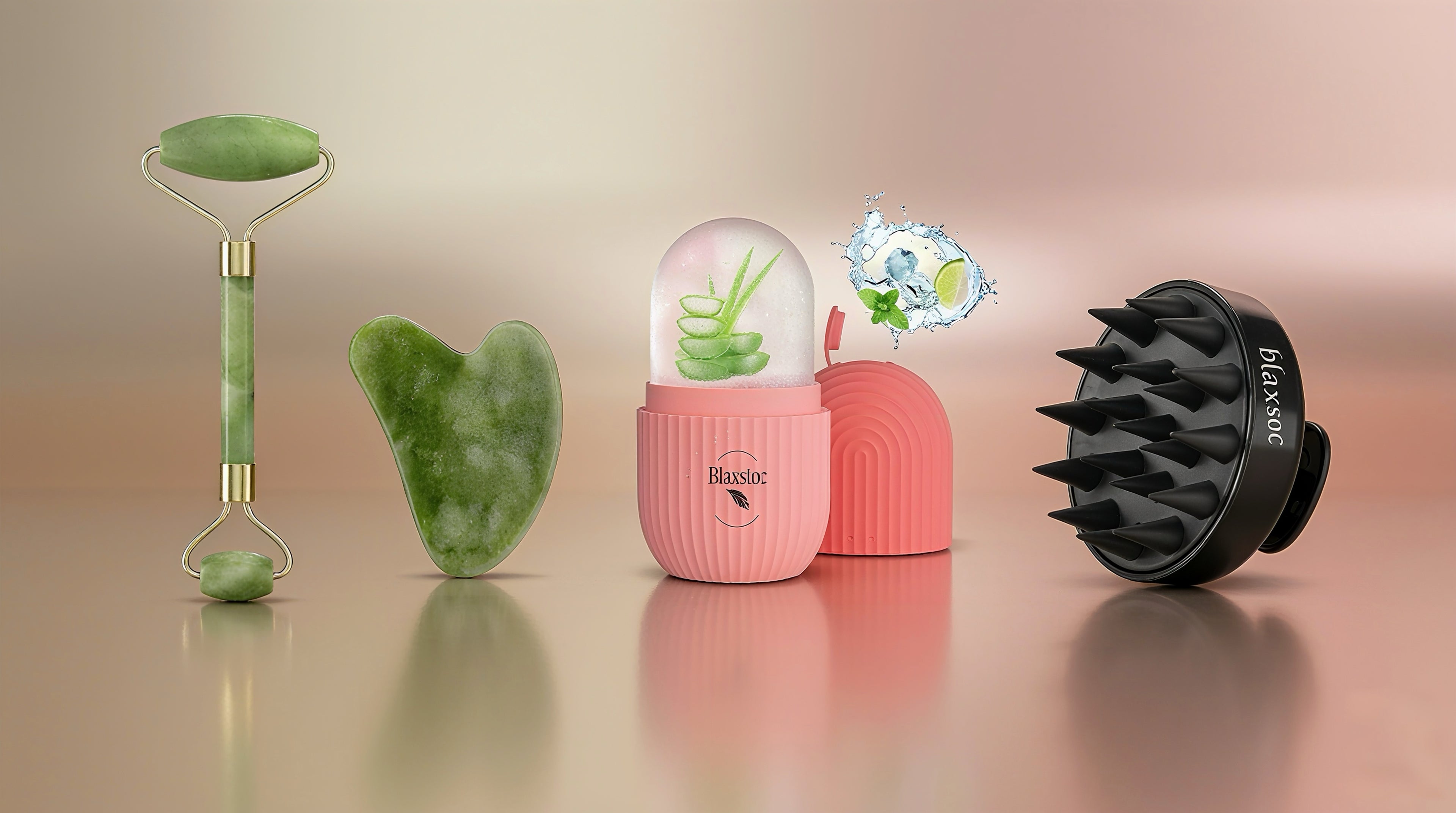 4-in-1 Ultimate Self-Care Glow Kit: Jade Roller, Gua Sha, Silicone Scalp Massager & Ice Roller Mold for Face & Hair Care